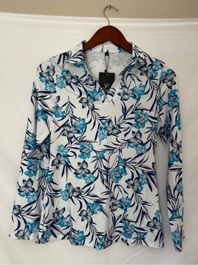 FKEEP Long Sleeve Golf Polo Top V-Neck Collared White Tropical Floral XS NWT